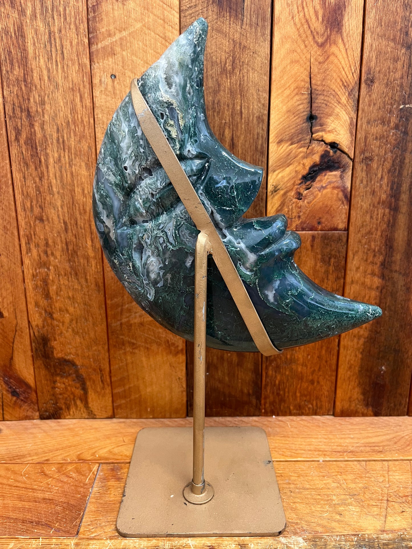 Moss Agate Moon in Stand (1367g)