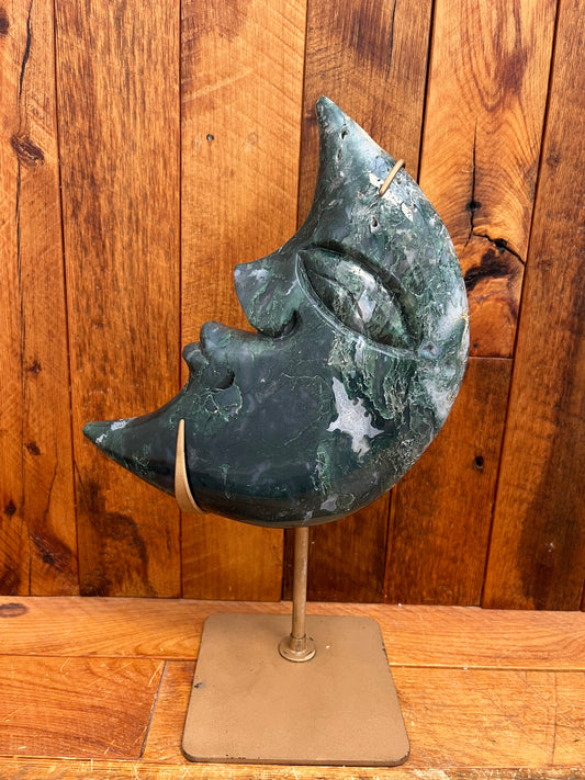 Moss Agate Moon in Stand (1367g)